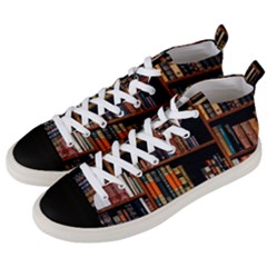 Assorted Title Of Books Piled In The Shelves Assorted Book Lot Inside The Wooden Shelf Men s Mid-top Canvas Sneakers by Ravend