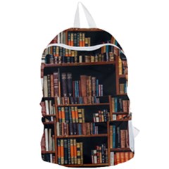 Assorted Title Of Books Piled In The Shelves Assorted Book Lot Inside The Wooden Shelf Foldable Lightweight Backpack by Ravend