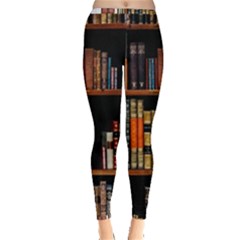 Assorted Title Of Books Piled In The Shelves Assorted Book Lot Inside The Wooden Shelf Inside Out Leggings by Ravend