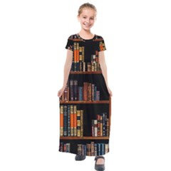 Assorted Title Of Books Piled In The Shelves Assorted Book Lot Inside The Wooden Shelf Kids  Short Sleeve Maxi Dress by Ravend