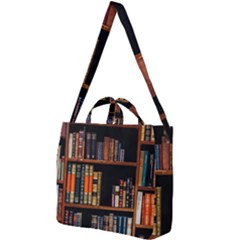 Assorted Title Of Books Piled In The Shelves Assorted Book Lot Inside The Wooden Shelf Square Shoulder Tote Bag by Ravend