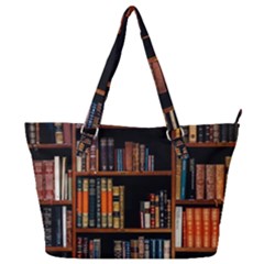 Assorted Title Of Books Piled In The Shelves Assorted Book Lot Inside The Wooden Shelf Full Print Shoulder Bag by Ravend