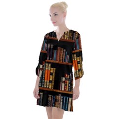 Assorted Title Of Books Piled In The Shelves Assorted Book Lot Inside The Wooden Shelf Open Neck Shift Dress by Ravend