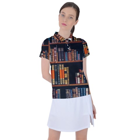 Assorted Title Of Books Piled In The Shelves Assorted Book Lot Inside The Wooden Shelf Women s Polo T-shirt by Ravend