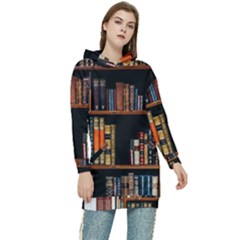 Assorted Title Of Books Piled In The Shelves Assorted Book Lot Inside The Wooden Shelf Women s Long Oversized Pullover Hoodie by Ravend