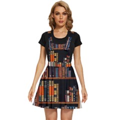 Assorted Title Of Books Piled In The Shelves Assorted Book Lot Inside The Wooden Shelf Apron Dress by Ravend