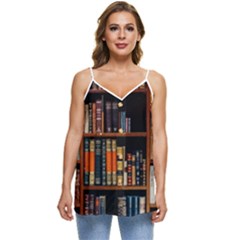 Assorted Title Of Books Piled In The Shelves Assorted Book Lot Inside The Wooden Shelf Casual Spaghetti Strap Chiffon Top by Ravend