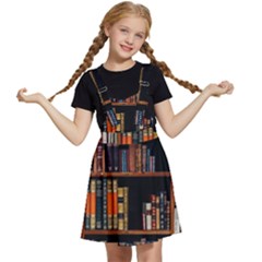 Assorted Title Of Books Piled In The Shelves Assorted Book Lot Inside The Wooden Shelf Kids  Apron Dress by Ravend