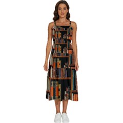 Assorted Title Of Books Piled In The Shelves Assorted Book Lot Inside The Wooden Shelf Sleeveless Shoulder Straps Boho Dress by Ravend