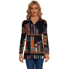 Assorted Title Of Books Piled In The Shelves Assorted Book Lot Inside The Wooden Shelf Long Sleeve Drawstring Hooded Top by Ravend