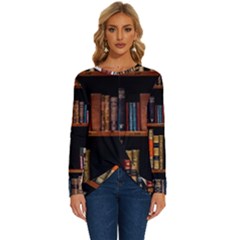 Assorted Title Of Books Piled In The Shelves Assorted Book Lot Inside The Wooden Shelf Long Sleeve Crew Neck Pullover Top