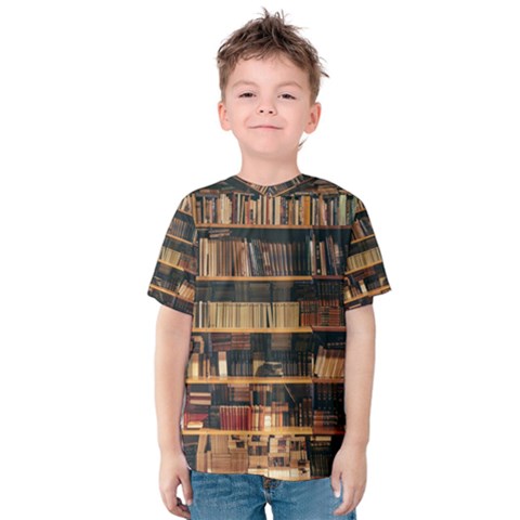 Books On Bookshelf Assorted Color Book Lot In Bookcase Library Kids  Cotton T-shirt by Ravend