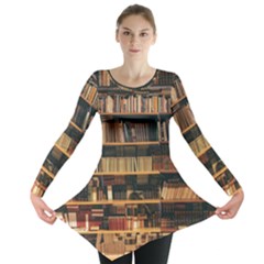 Books On Bookshelf Assorted Color Book Lot In Bookcase Library Long Sleeve Tunic  by Ravend