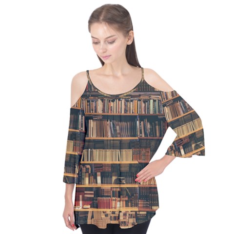 Books On Bookshelf Assorted Color Book Lot In Bookcase Library Flutter Sleeve T-shirt  by Ravend