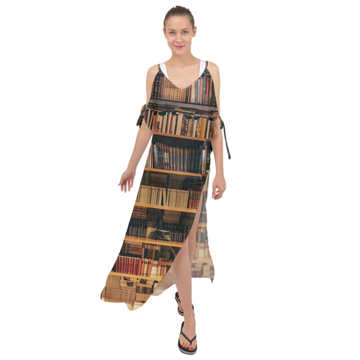 Books On Bookshelf Assorted Color Book Lot In Bookcase Library Maxi Chiffon Cover Up Dress