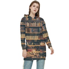 Books On Bookshelf Assorted Color Book Lot In Bookcase Library Women s Long Oversized Pullover Hoodie