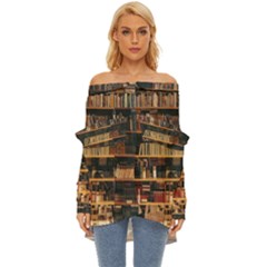 Books On Bookshelf Assorted Color Book Lot In Bookcase Library Off Shoulder Chiffon Pocket Shirt by Ravend