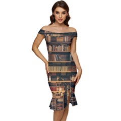 Books On Bookshelf Assorted Color Book Lot In Bookcase Library Off Shoulder Ruffle Split Hem Bodycon Dress by Ravend