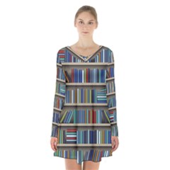 Bookshelf Long Sleeve Velvet V-neck Dress