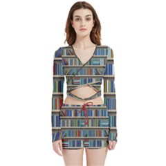 Bookshelf Velvet Wrap Crop Top And Shorts Set by Ravend