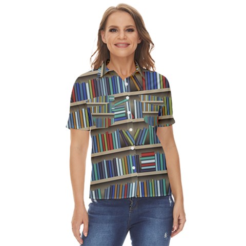 Bookshelf Women s Short Sleeve Double Pocket Shirt by Ravend