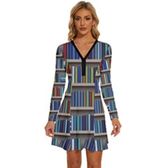 Bookshelf Long Sleeve Deep V Mini Dress 