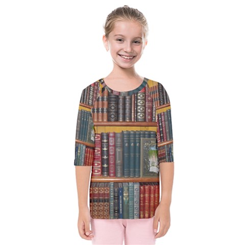 Books-library-bookshelf-bookshop Kids  Quarter Sleeve Raglan T-shirt by Ravend