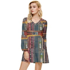 Books-library-bookshelf-bookshop Tiered Long Sleeve Mini Dress by Ravend