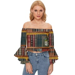 Books-library-bookshelf-bookshop Off Shoulder Flutter Bell Sleeve Top