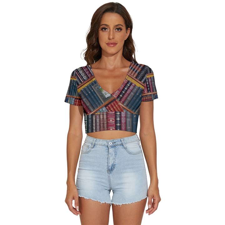 Books-library-bookshelf-bookshop V-Neck Crop Top