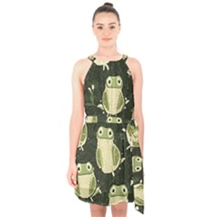 Frog Pattern Halter Collar Waist Tie Chiffon Dress by Valentinaart