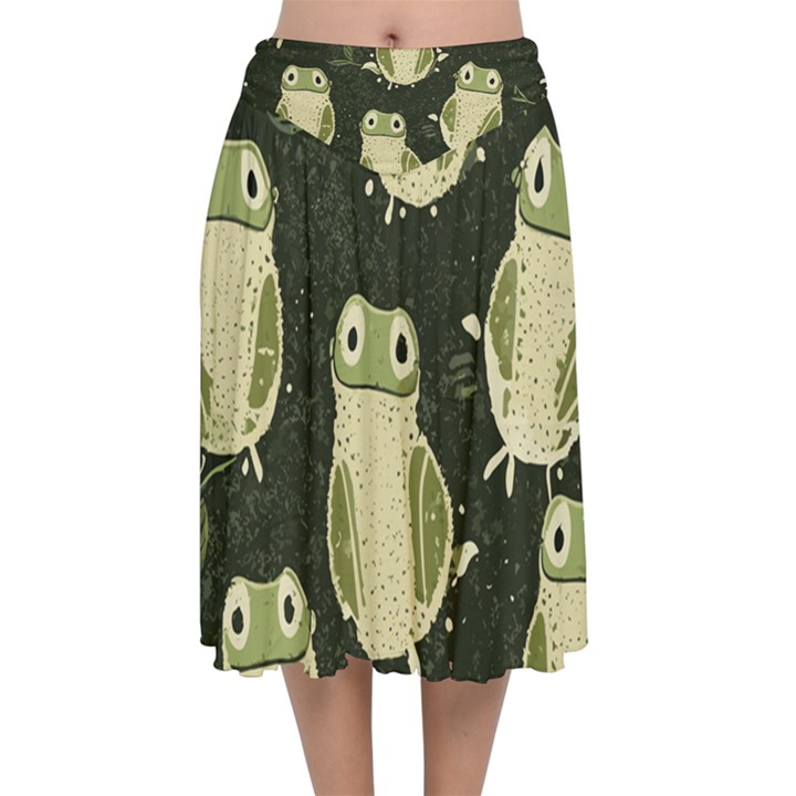 Frog pattern Velvet Flared Midi Skirt