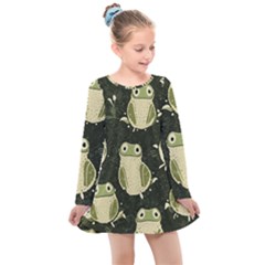 Frog Pattern Kids  Long Sleeve Dress by Valentinaart