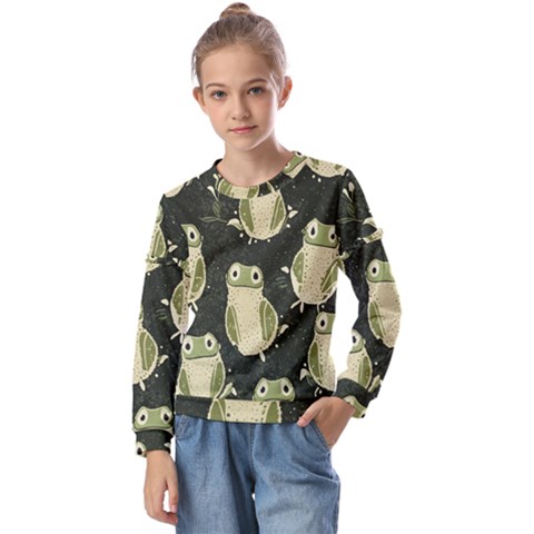 Frog Pattern Kids  Long Sleeve T-shirt With Frill  by Valentinaart