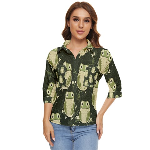 Frog Pattern Women s Quarter Sleeve Pocket Shirt by Valentinaart