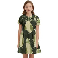 Frog Pattern Kids  Bow Tie Puff Sleeve Dress