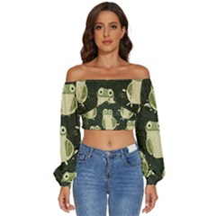 Frog Pattern Long Sleeve Crinkled Weave Crop Top by Valentinaart