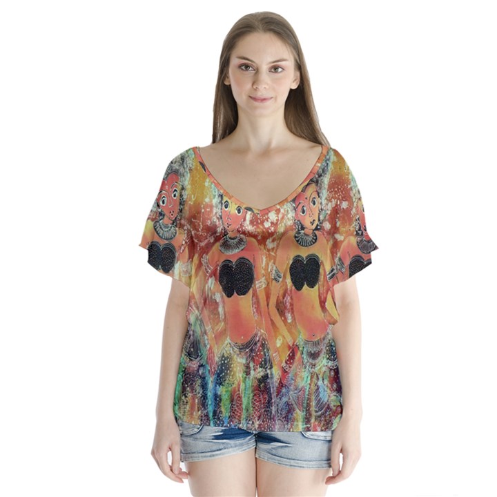 Indonesia-lukisan-picture V-Neck Flutter Sleeve Top