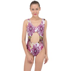 Print-roses Center Cut Out Swimsuit