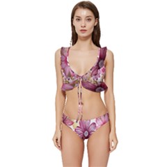 Print-roses Low Cut Ruffle Edge Bikini Set by nateshop