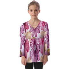 Print-roses Kids  V Neck Casual Top by nateshop