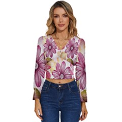 Print-roses Long Sleeve V-neck Top by nateshop