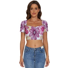 Print-roses Short Sleeve Square Neckline Crop Top  by nateshop