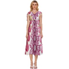 Print-roses V-neck Drawstring Shoulder Sleeveless Maxi Dress