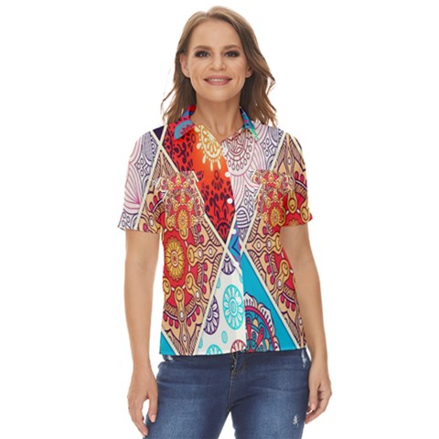 Mandala Pattern, Desenho, Designs, Glitter, Pattern Women s Short Sleeve Double Pocket Shirt by nateshop