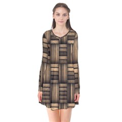 Brown Weaving Texture, Macro, Brown Wickerwork Long Sleeve V-neck Flare Dress by nateshop