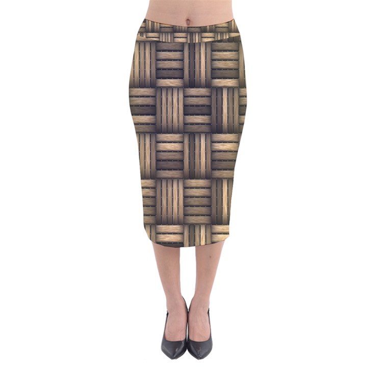 Brown Weaving Texture, Macro, Brown Wickerwork Velvet Midi Pencil Skirt