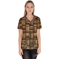 Brown Weaving Texture, Macro, Brown Wickerwork Women s V-neck Scrub Top by nateshop