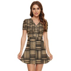 Brown Weaving Texture, Macro, Brown Wickerwork V-neck High Waist Chiffon Mini Dress by nateshop