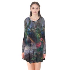 Peacock Art Painting Long Sleeve V-neck Flare Dress by Ndabl3x